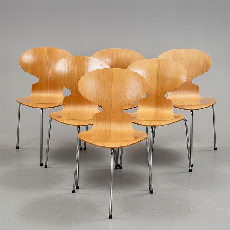 STOLAR, 6 stycken, "Myran", Arne Jacobsen, Fritz Hansen, 1900-talets fjärde kvartal.