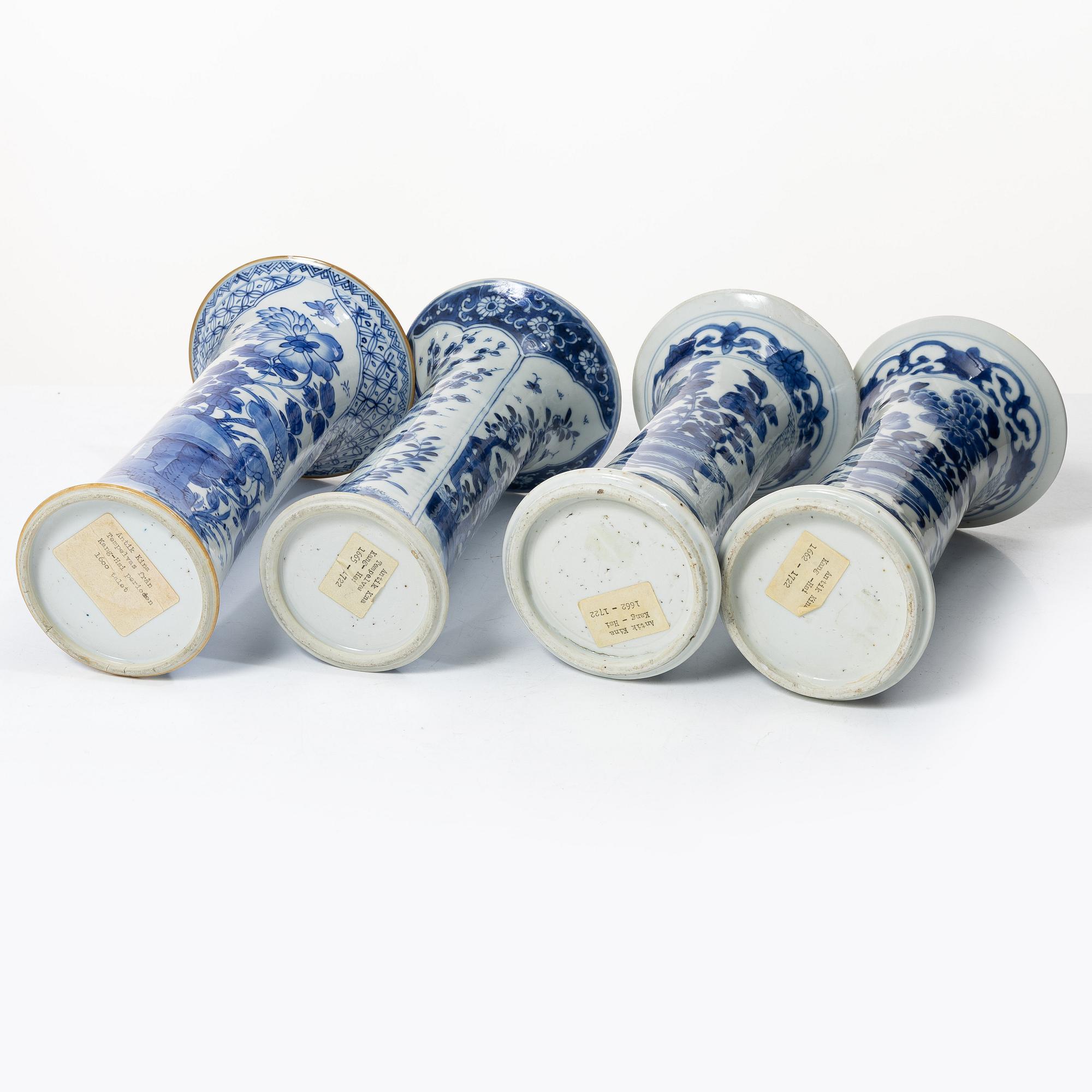Four blue and white trumpet vases, Qing dynasty, Kangxi (1662-1722).