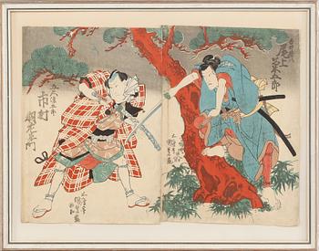 UTAGAWA KUNISADA KOCHORO TOYOKUNI III, träsnitt, 2 st, Japan, 1800-tal.
