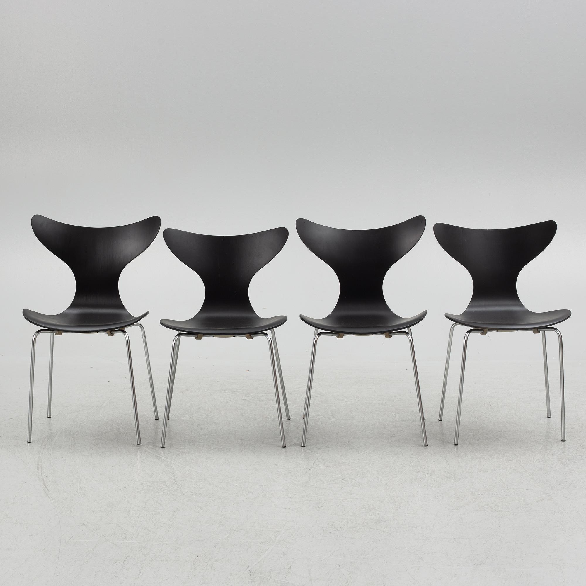 Arne Jacobsen, chairs, 4 pcs, "The Seagull"/"The Lily", Fritz Hansen, Denmark, 1970-71.