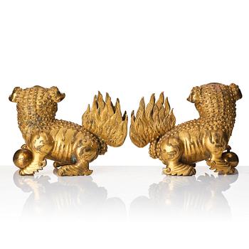 A pair of gilt bronze scultpures of buddhist lions, 18/19th Century.