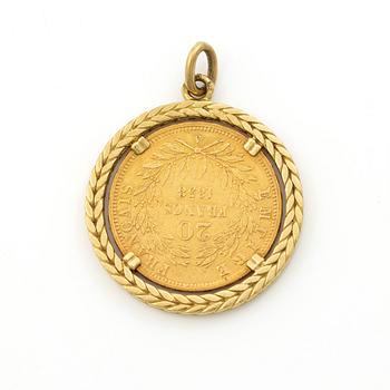 Gold coin, France, Napoleon III, 20 Francs, 1858, set in an 18-carat gold surround.
