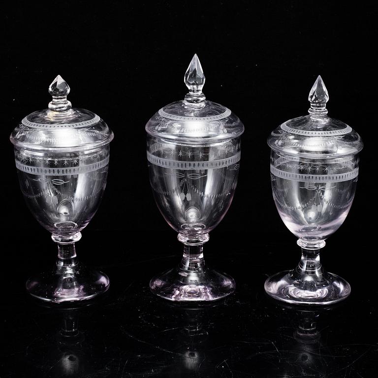 3 swedish glasses, gustavian style, circa 1900.