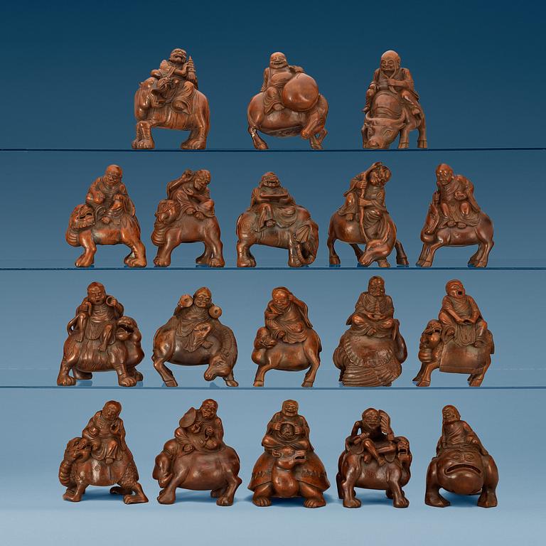 FIGURER, 18 stycken, bambu. Troligen Qing dynastin.