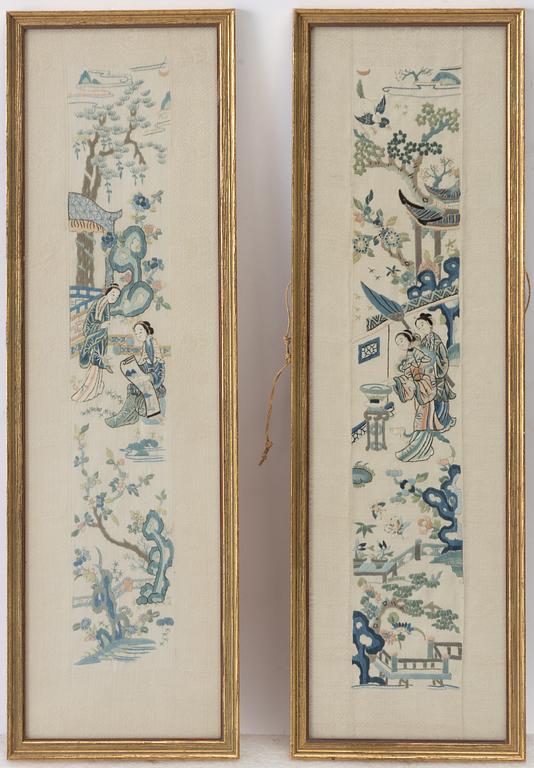 Two framed Chinese textile embroiderieds, late Qing dynasty, circa 1900.