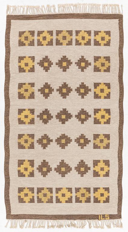 Ilsalestalon Mattolutomo, a flat weave rug, Kaukaba, Finland, signed ILS, c. 215 x 125 cm.
