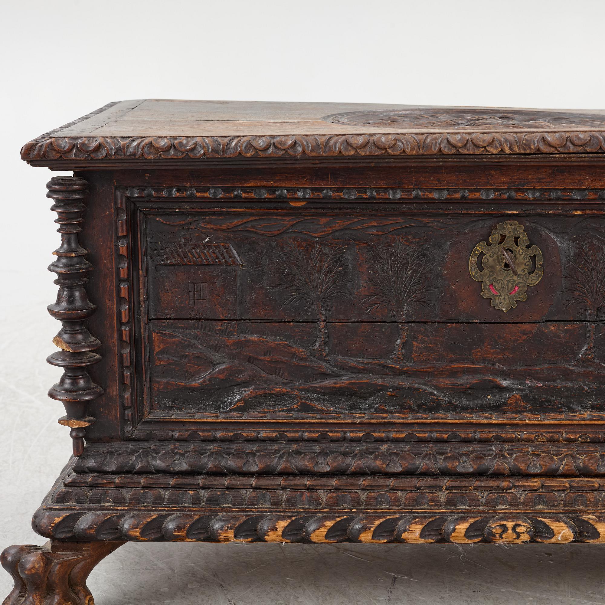 A baroque style wooden chest, 19th century.