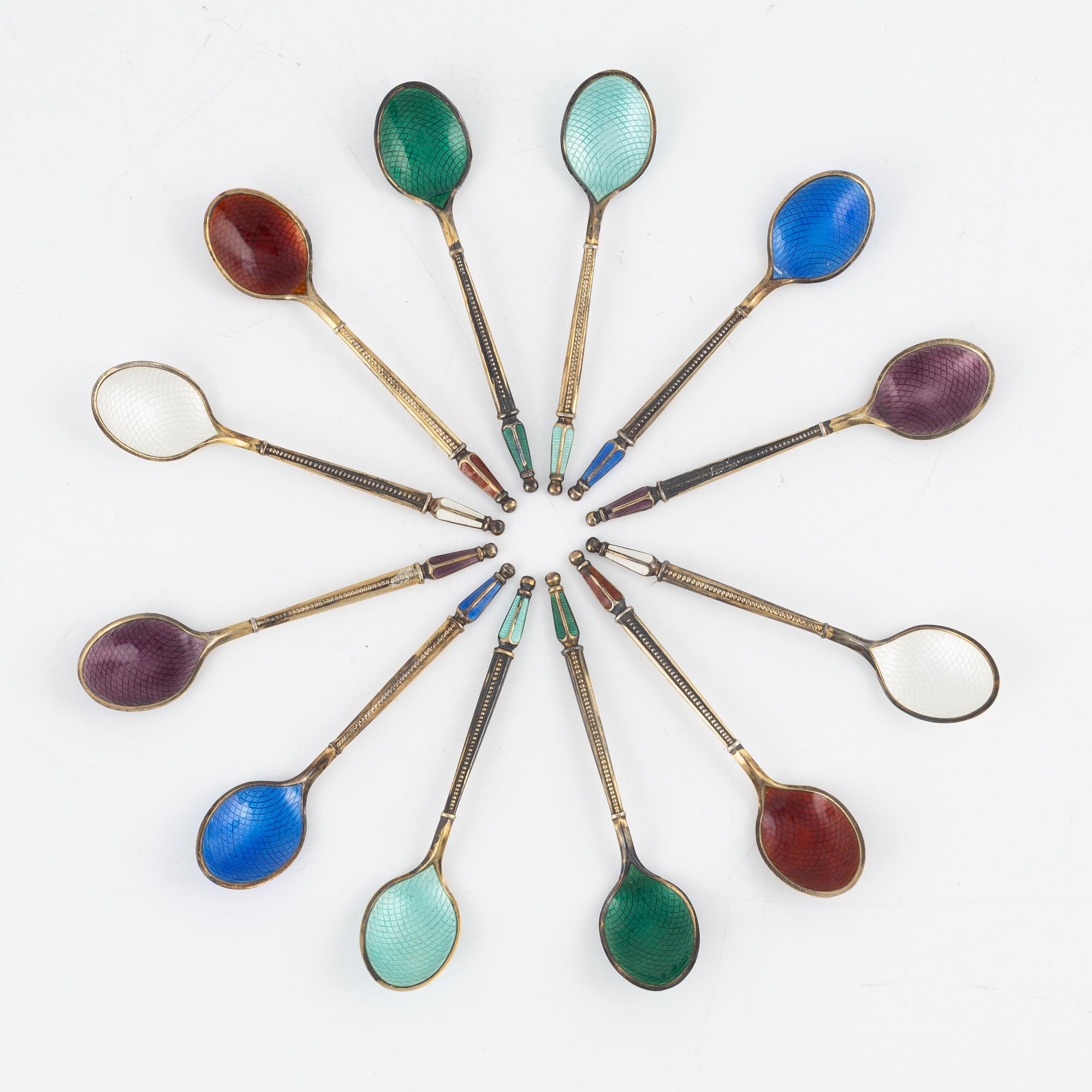 A Michelsen, twelve silver and enamel spoons, Denmark mid 20th century.