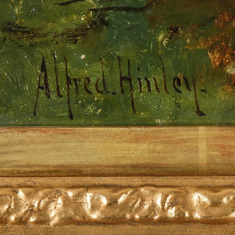 OKÄND KONSTNÄR, olja på duk, England, 1800-tal, signerad Alfred Hinley.