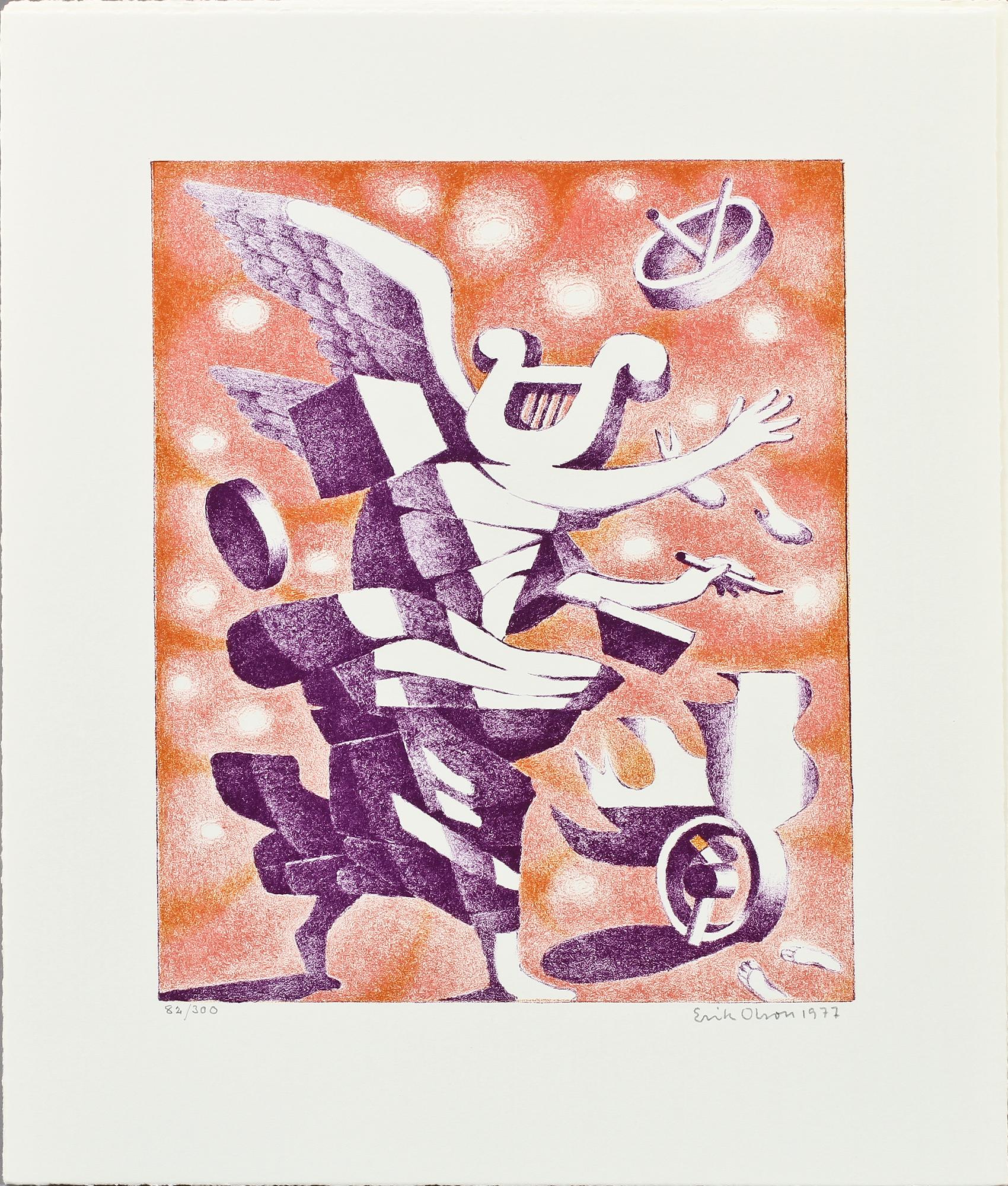 ERIK OLSON, mapp med 3 st färglitografier samt bok och katalog.