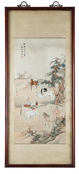 MÅLNING. Sen Qing dynastin (1644-1912). Landskap med hästar och herdar.