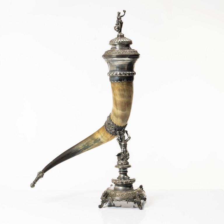 Drinking horn, silver plate, GAB, Stockholm early 20th century.