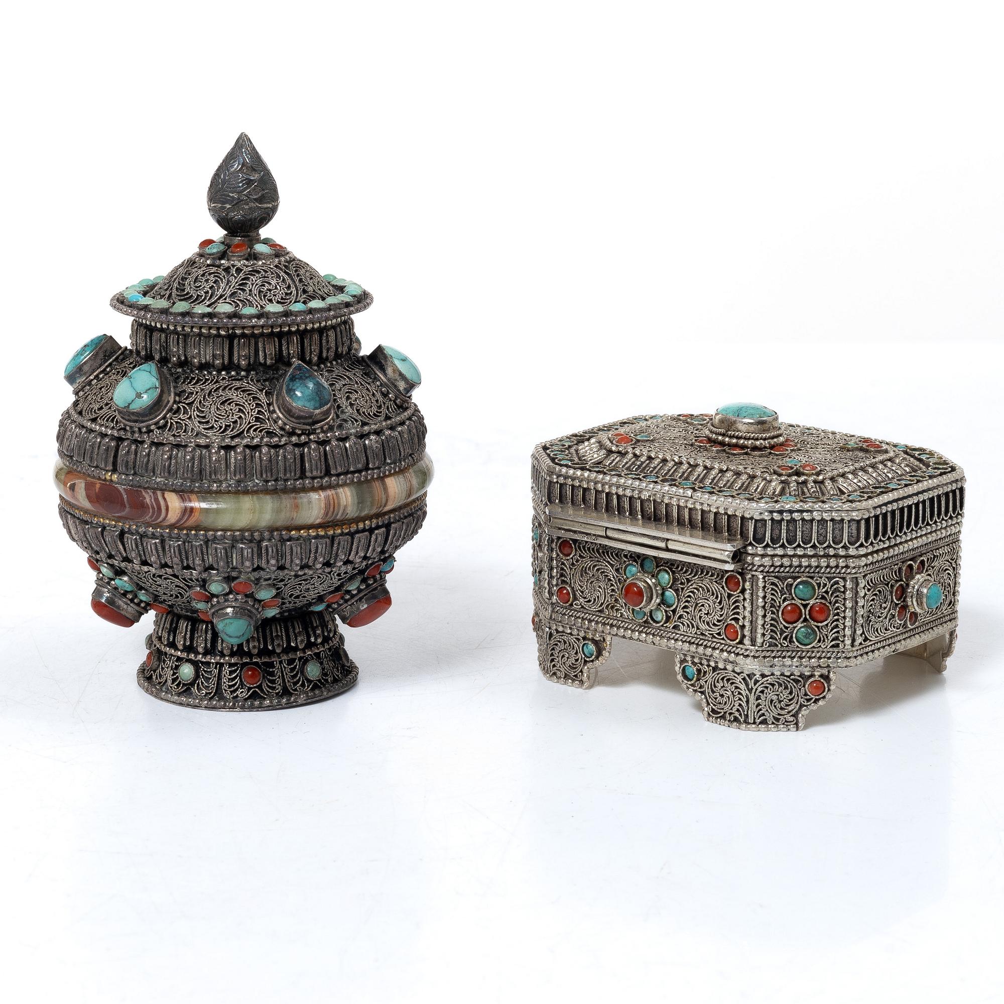 A group of five silver boxes with covers, South East Asia, 20th century.