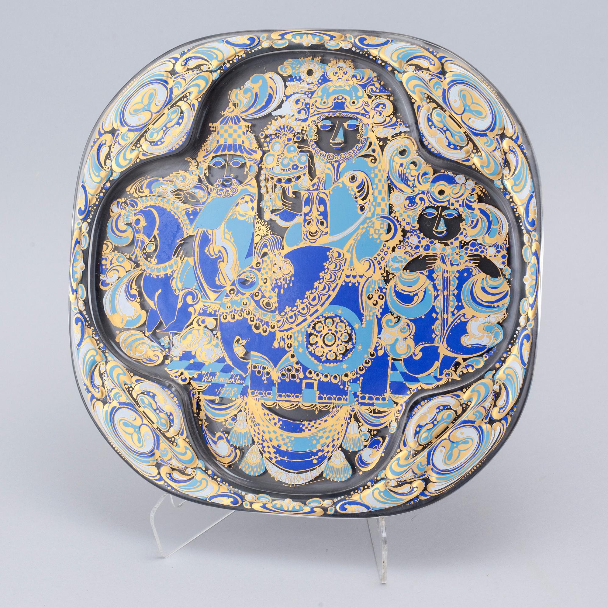 Five glass plates, designed by Bjørn Wiinblad for Rosenthal Studio Linie, 1970/80s.