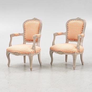 A pair of childern's Rococo style armchairs, late 20th century.