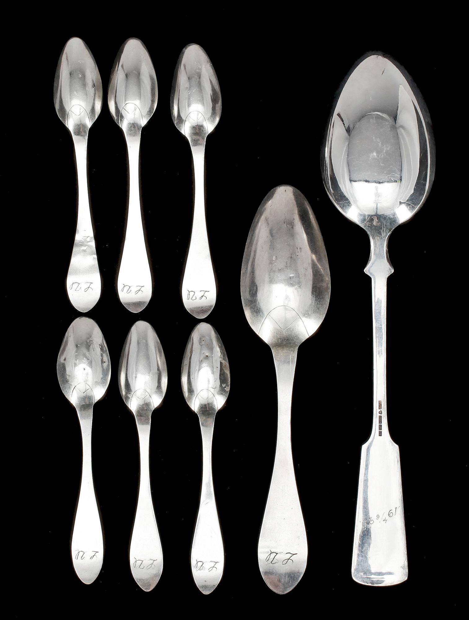 RAGUSKED SAMT 7 olika SKEDAR, silver, Finland resp Eksjö, 1800-1900-tal. Totalvikt ca  240 gram .