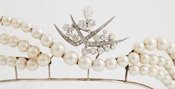 A tiara with cultured pearls and a detachable WA Bolin platinum brooch set with old-cut diamonds.