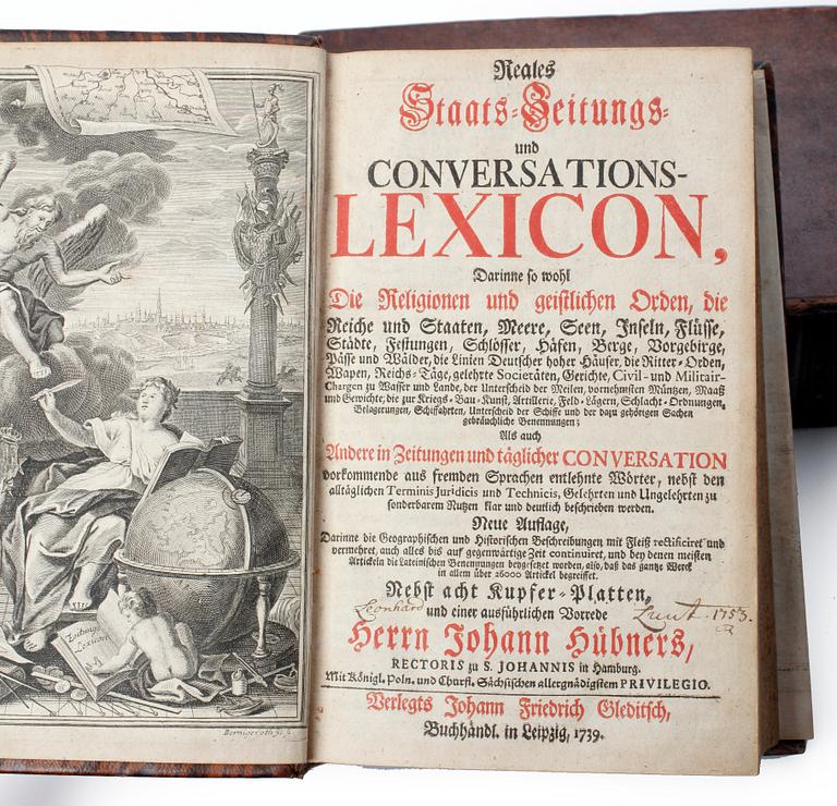 BÖCKER, 2 st, "Curieuses und Reales Natur, Kunst, Berg, Gewerck... Lexicon" samt "Reales Staats Zeitungs... Lexicon"  av Johann Hübner, Leipzig, 1739.