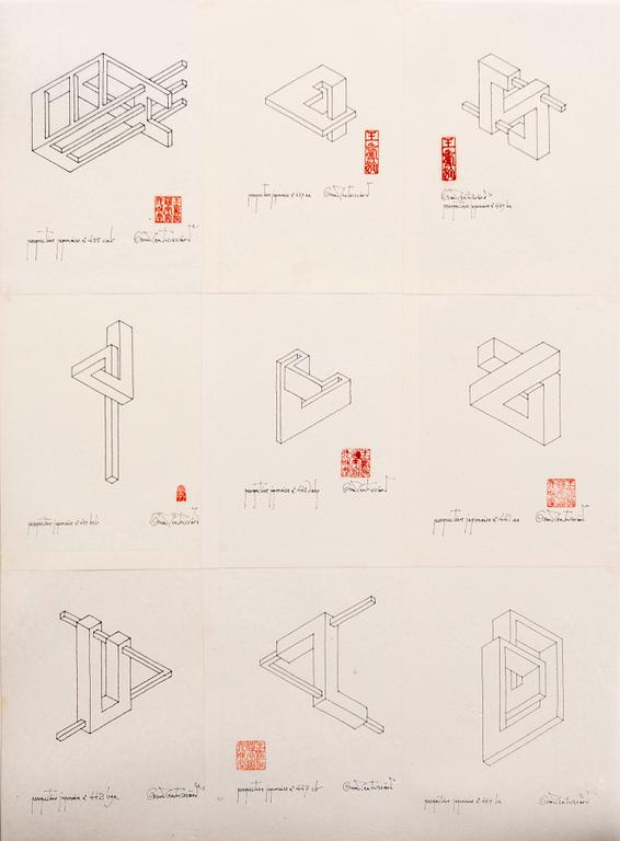 Oscar Reutersvärd, ink drawings 9 sheets, signed, no 18.