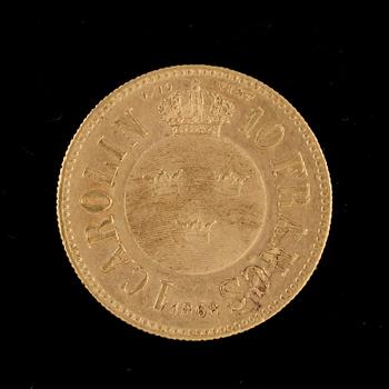 GULDMYNT, 10 francs/1 carolin, Carl XV, 1868. Vikt ca 3 gram.