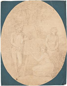 476. Angelica Kauffman Hennes krets, En ung herre och två unga damer med en dekorerad låda.