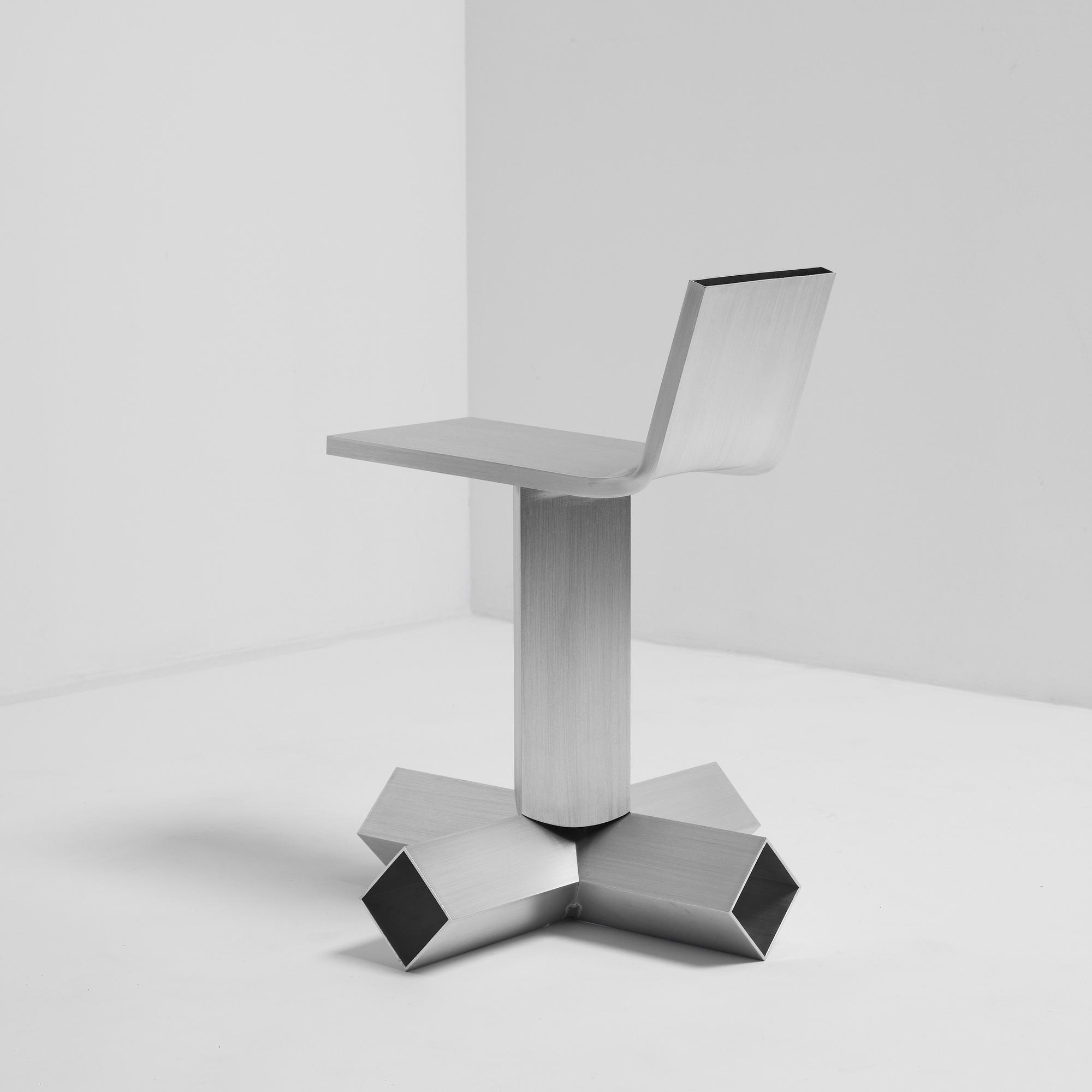 David Taylor, a unique stool, "Aluminium Stool (Mandolin)", Studio Mellösaverken, Sweden, 2025.