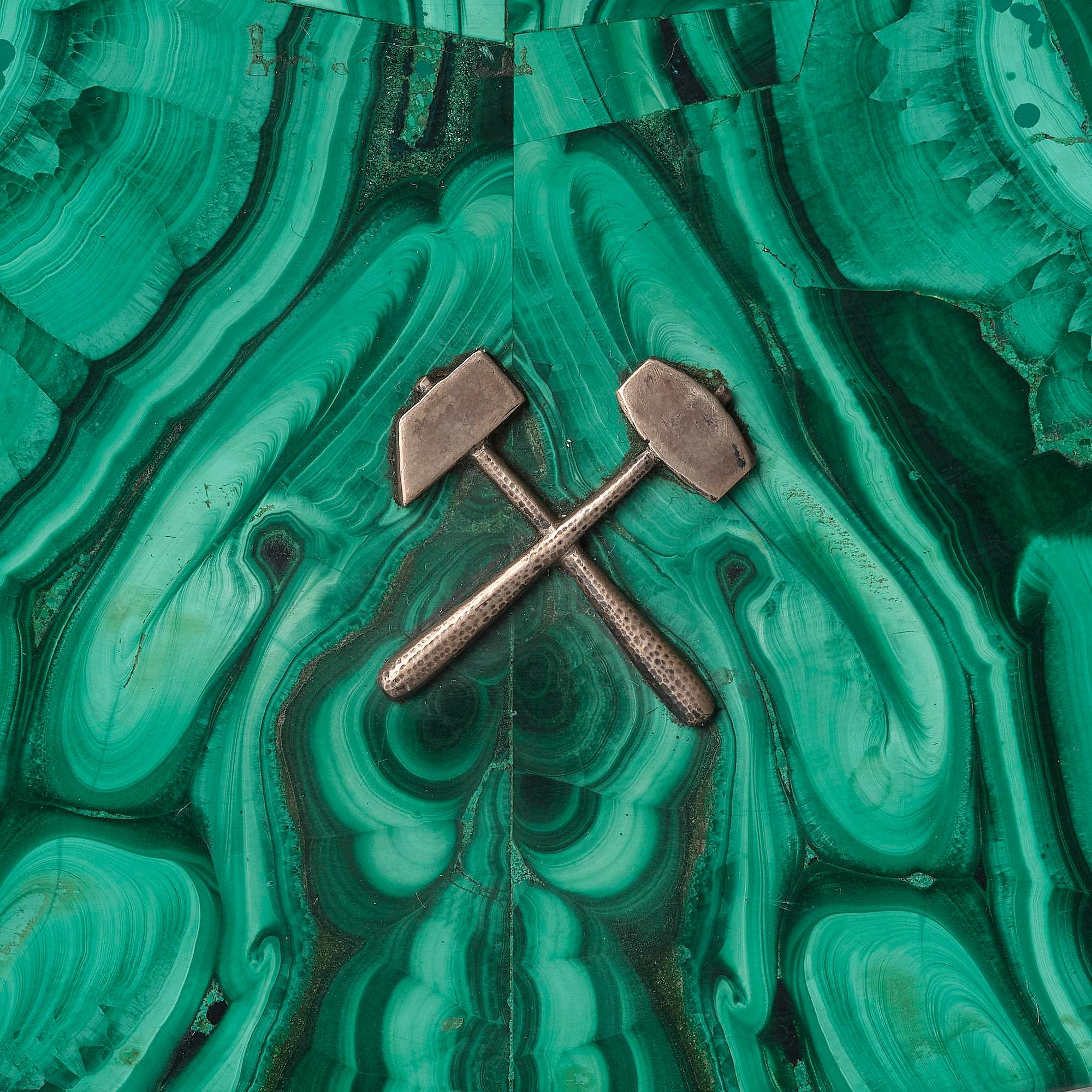 A Russian Nicholas II malachite-veneered dish, presumably Yekaterineburg Imperial Lapidary, circa 1900.