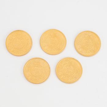 Five gold coin, Saudi Arabia, total weight 40 gram.