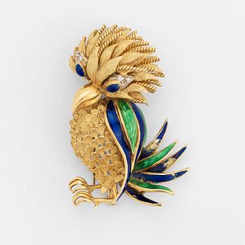 An 18K gold and enamel brooch set with eight-cut diamonds.