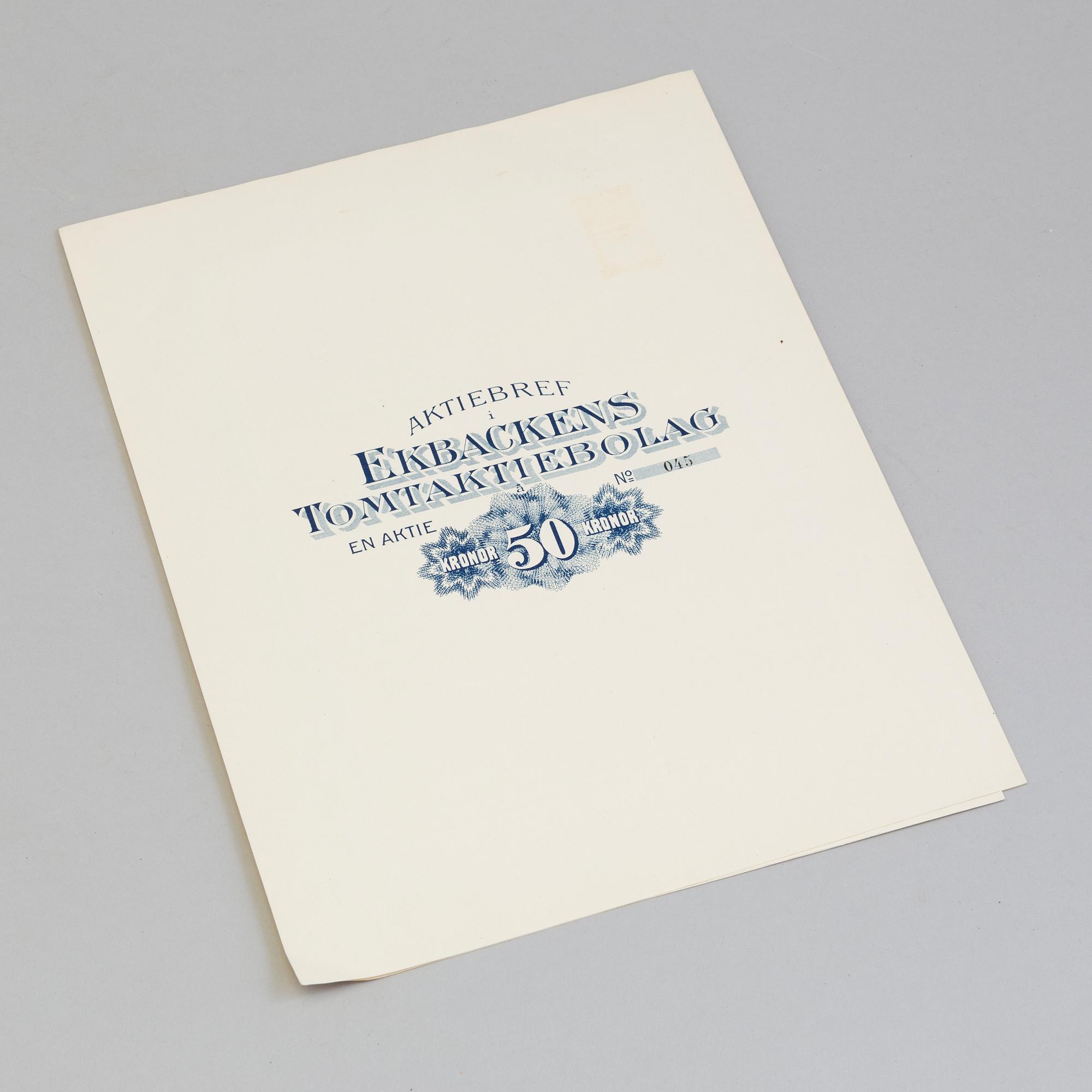 AKTIEBREV, sju stycken, Ekbackens Tomtaktiebolag, Kohlswa 1912.