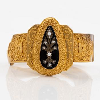 Bracelet 14K gold with enamel details and pearl, damaged.