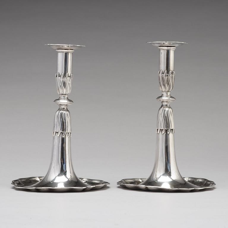 A pair of Swiss 18th century silver candlesticks, unidentified makers mark, Lausanne.