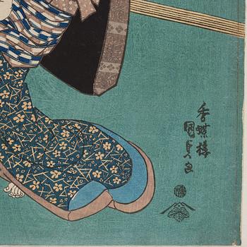 UTAGAWA KUNISADA, även kallad Toyokuni III (1786-1864), triptyk, färgträsnitt. Japan, Eight Views of Edo Figures".