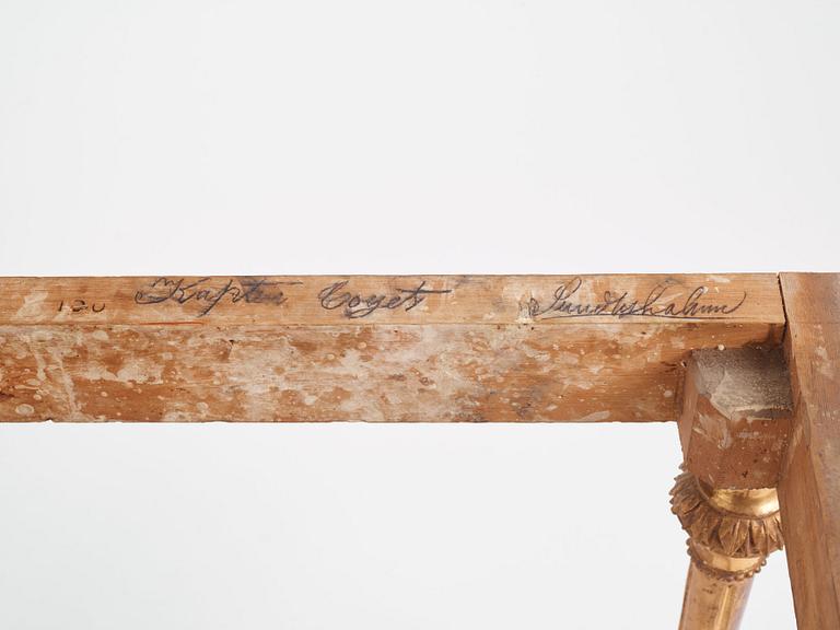 A Gustavian carved giltwood and marble console by O. C. Lindmark (master in Stockholm 1779-1813).