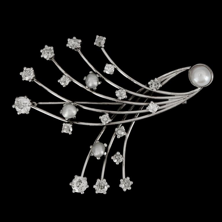 A cultured pearl and brilliant-cut diamond brooch.