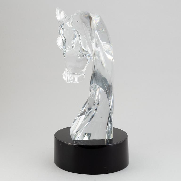 A Lalique Tête de Cheval Glass Horse Head Sculpture, signed.