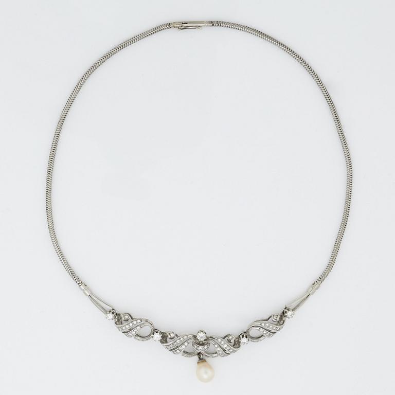 A NECKLACE set with round brilliant-cut diamonds and cultured pearls.