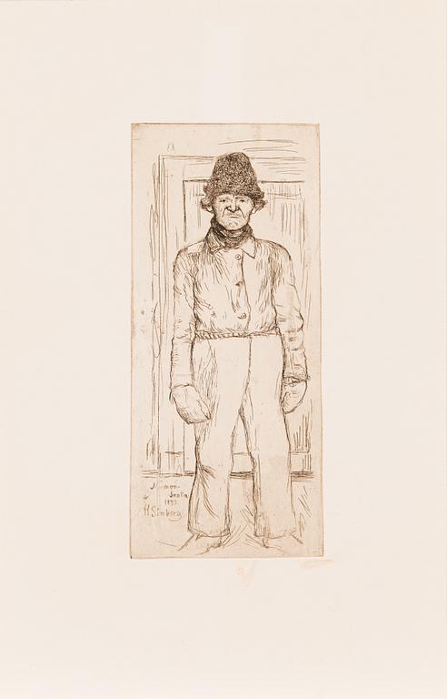 Hugo Simberg, linjeetsning, plåtsignerad och märkt "Niemenlautta 1899".