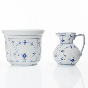 Royal Copenhagen, Three 'Musselmalet' jugs, circa 1900, and a Bing & Grøndahl cachepot, Denmark.