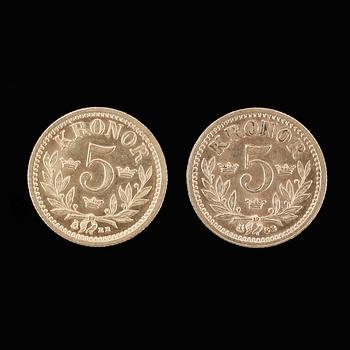 GULDMYNT, 2 st, 5 kr, Oscar II, 1881 resp 1886. Vikt ca 4,5 g.