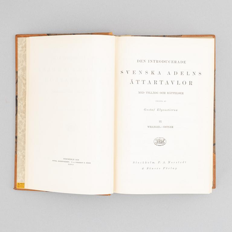 Nine volumes of Gustaf Elgenstiernas 'Den introducerade svenska adelns ättartavlor', Stockholm, 1925-36.