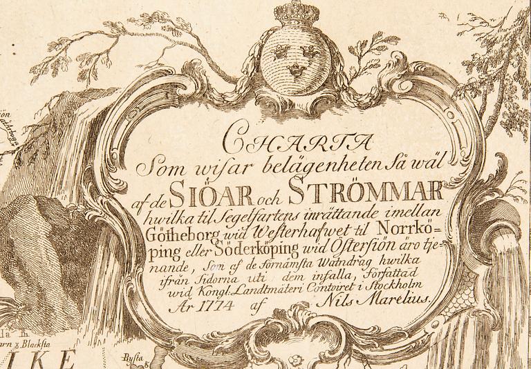 Nils Marelius, map of mid Swedens waterways before Göta Kanal, hand colored copper engraving, Stockholm 1774.