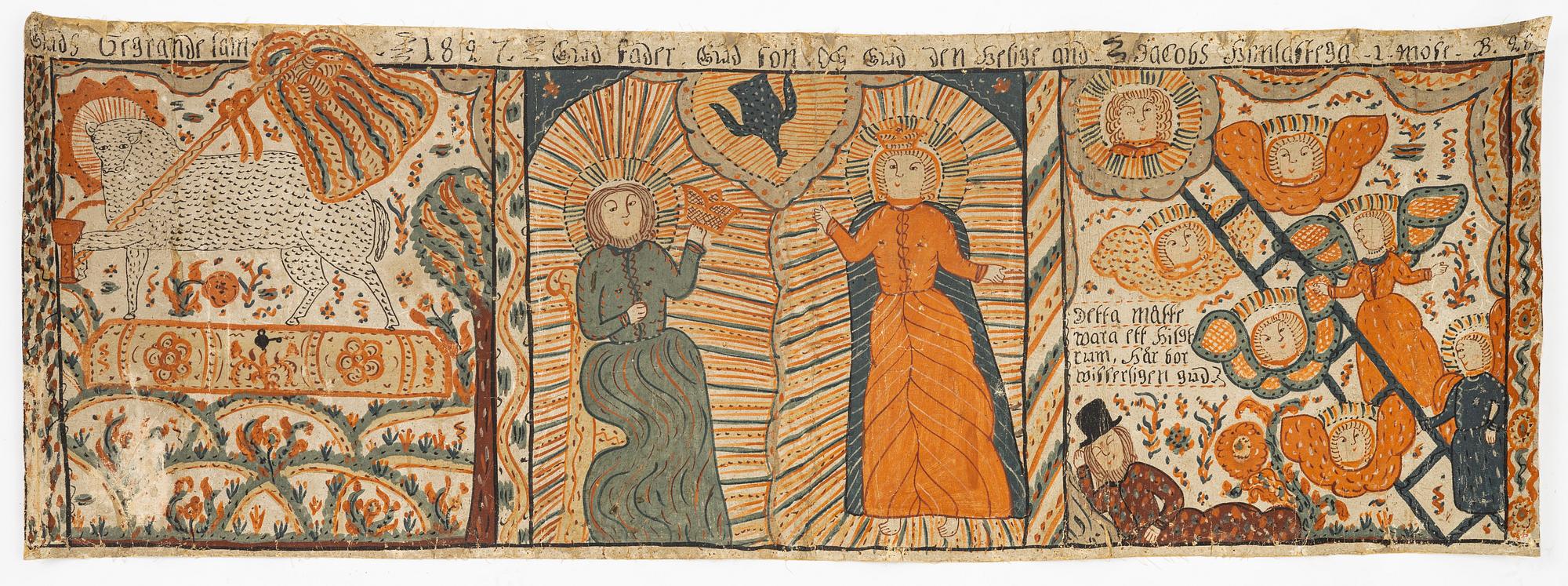 Bonadsmålning, Sydsverige, limfärg på papper, daterad 1827.