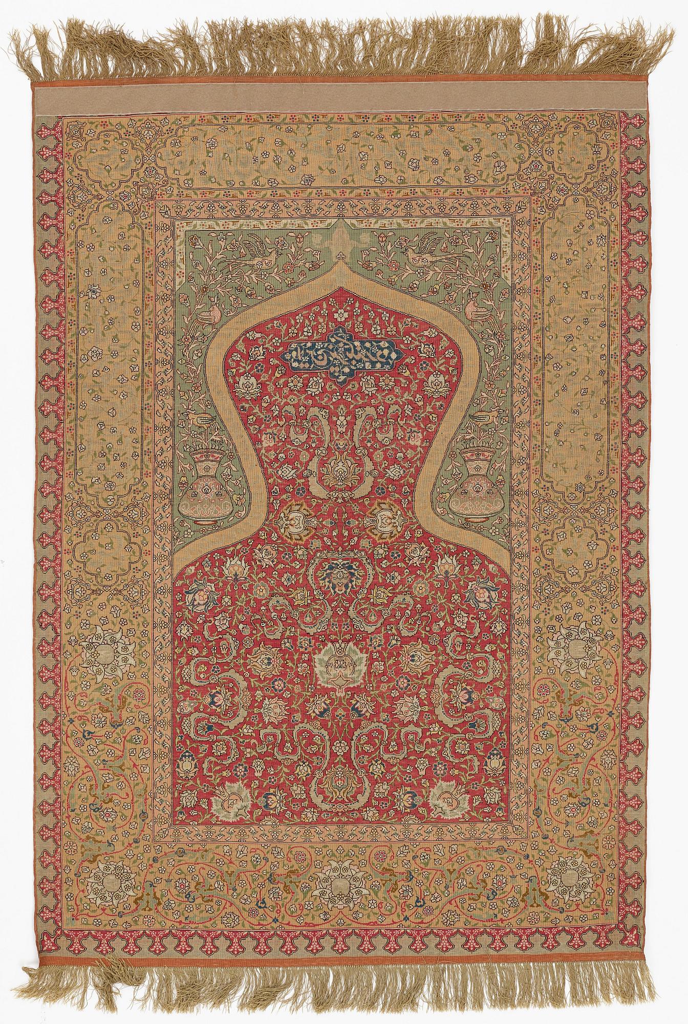 Matta, antik silke Kum Kapi med metallbroschering, Istanbul omkring 1910, "Sultan's Head Prayer" design.