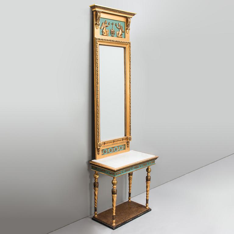 An early 20th century mirror with console table in late Gustavian style.
