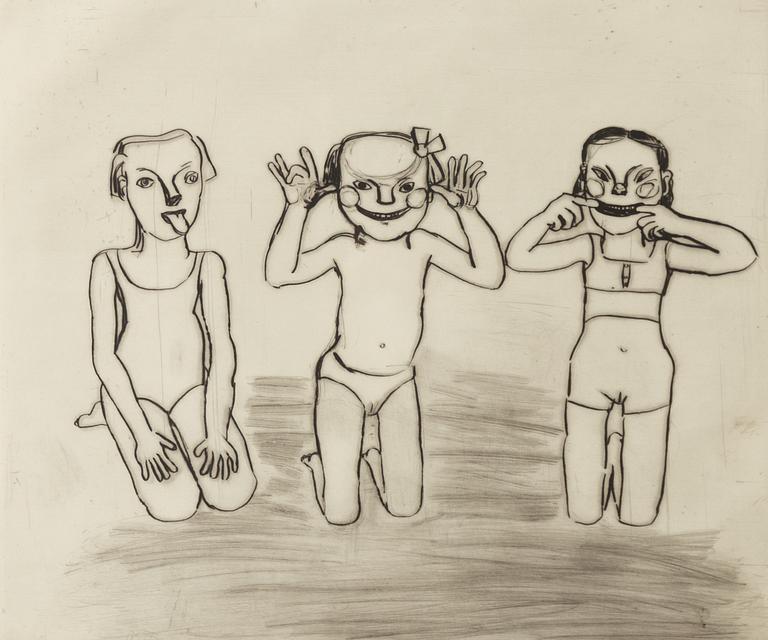 Lena Cronqvist, "Tre grimaser, tunga, öron, mun".
