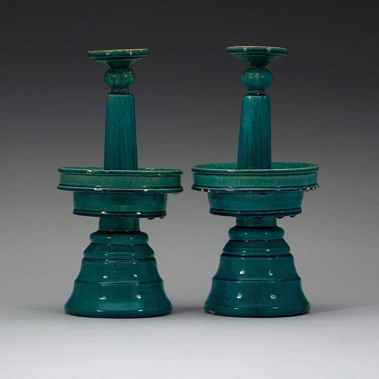 A pair of tukoise glazed alatar sticks, Qing dynasty, 19th Century.