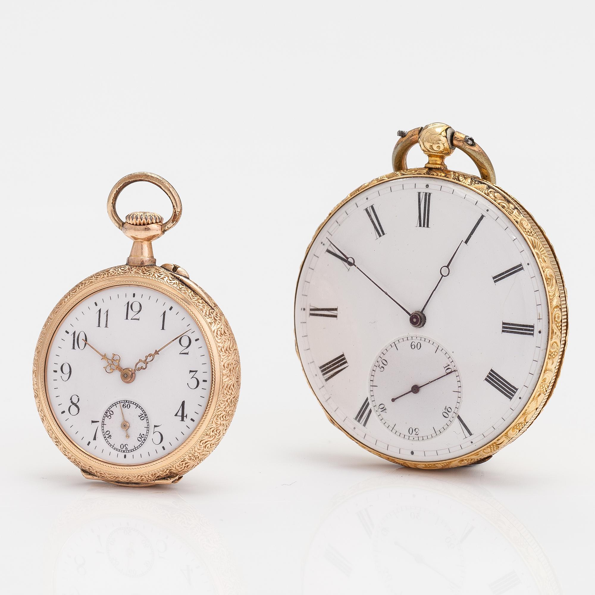 POCKET WATCHES, 2 psc, 14K gold, 32 mm and 44 mm.