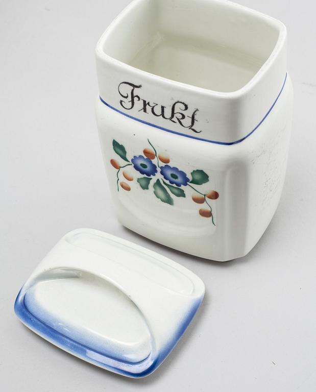 A set of earthenware kitchen jars from Gefle, first half of the 20th century.