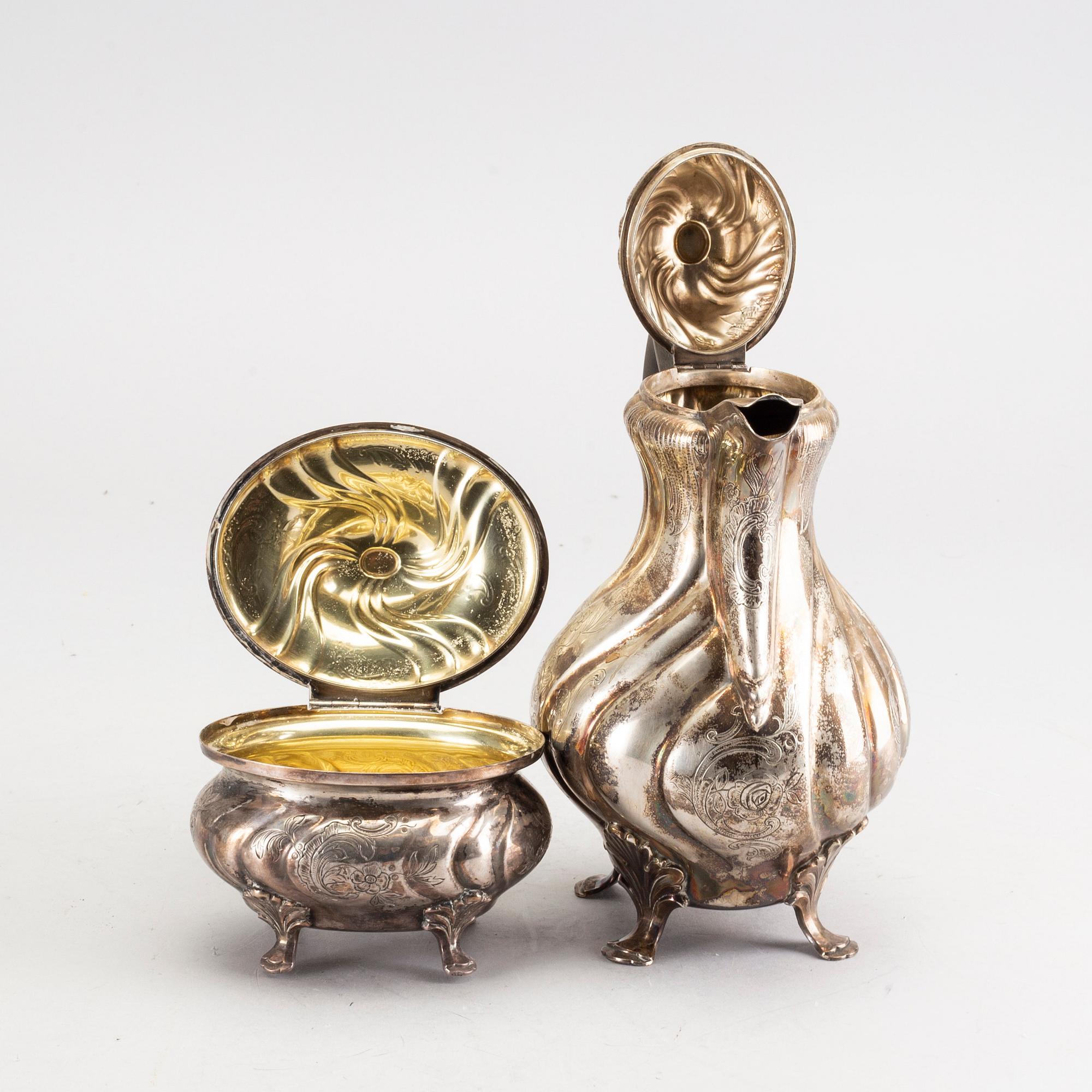 A Swedish 20th century coffeepot and suger bowl in silver mark of CG Hallberg Stockholm, total weight ca 1100 gr,